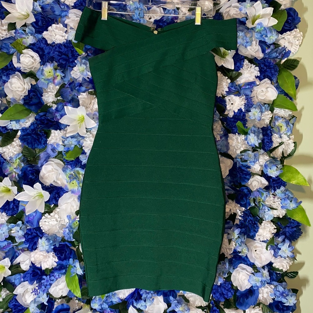AKIRA Dark Green Bandage Off-The Shoulder Dress